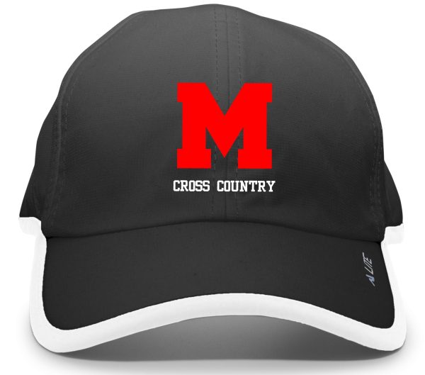 Black and white Manual Cross Country unstructured hat Pacific 410L with a red "m" and the words "cross country" on the front.