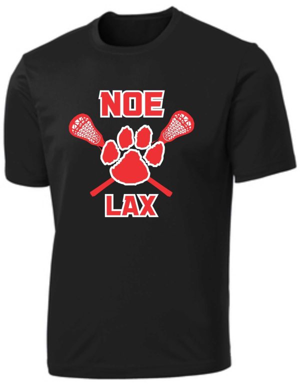 Black t-shirt with red NOE LAX logo.