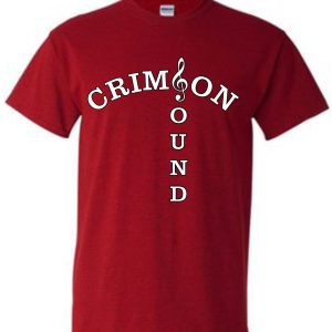 Manual Marching Band  Pit Crew T shirt G5000 with the phrase "crimson sound" in white text, featuring a musical note integrated into the first letter.