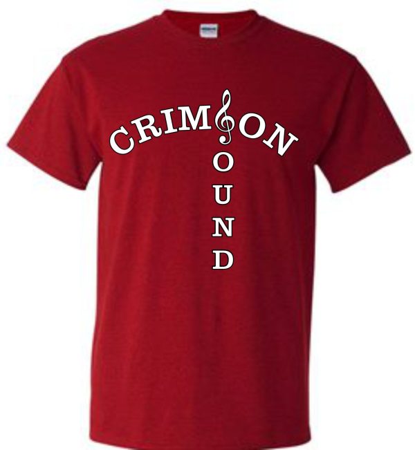 Manual Marching Band  Pit Crew T shirt G5000 with the phrase "crimson sound" in white text, featuring a musical note integrated into the first letter.