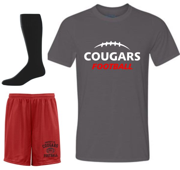 Cougar Football uniform set: shirt, shorts, socks.