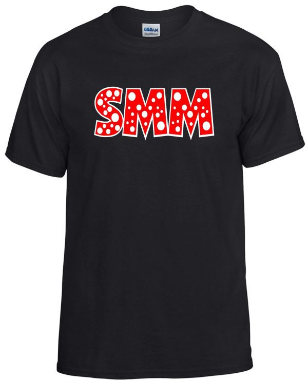 SMMSS Gildan Adult Polka Dots cotton t shirt G5000 with the letters "smm" in large red font on the front.