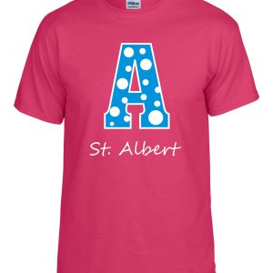 Pink T-shirt with blue letter A and St. Albert.