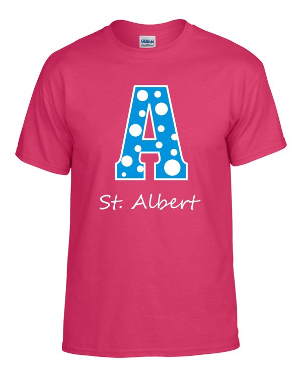 Pink T-shirt with blue letter A and St. Albert.