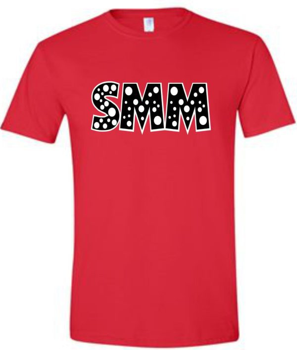 SMMSS Gildan Adult Polka Dots cotton t shirt G5000 with the letters "smm" in large, white polka dot patterned font on the front.