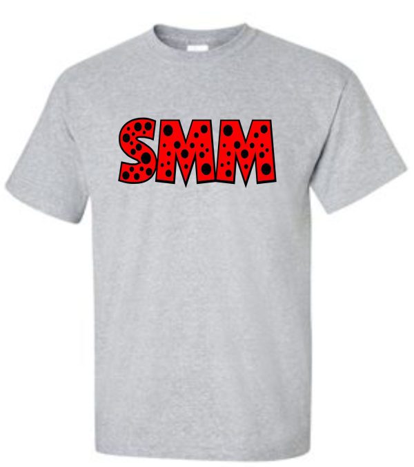 Gray SMMSS Gildan Adult Polka Dots cotton t-shirt displaying the red acronym "smm" on a white background.