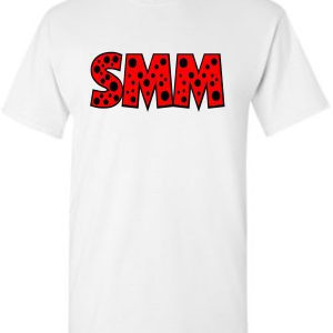 White SMMSS Gildan Adult Polka Dots cotton t-shirt featuring the red and black dotted acronym "smm" in large letters on the front.