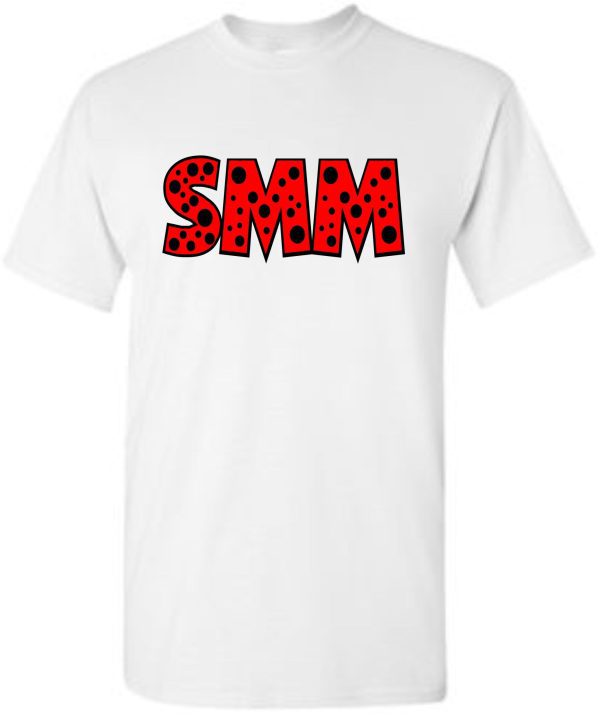 White SMMSS Gildan Adult Polka Dots cotton t-shirt featuring the red and black dotted acronym "smm" in large letters on the front.