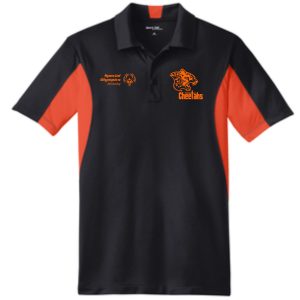 Louisville Cheetahs Long and Tall polo TST655 with a cheetah logo on the right chest and the text "cheetahs" underneath it; left chest reads "sycamore jr. high.
