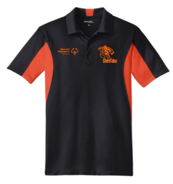 Louisville Cheetahs Long and Tall polo TST655 with a cheetah logo on the right chest and the text "cheetahs" underneath it; left chest reads "sycamore jr. high.