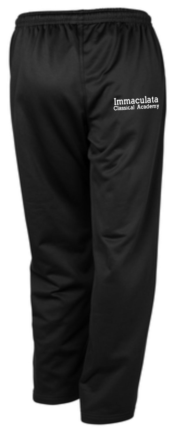 Immaculata Black Tricot polyester pants embroidered ST237/YST237 with an elastic waistband and "immaculata classical academy" printed on the left thigh.