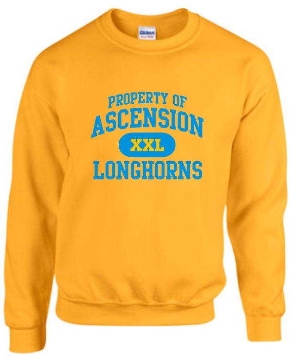 Bright yellow Ascension Spirit Property of Crewneck sweatshirt with "ascension xxl longhorns" printed in blue across the front.