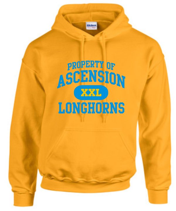 Yellow Ascension Spirit Property of hooded sweatshirt with the text "ascension xxl longhorns" in blue, displayed on a plain background.