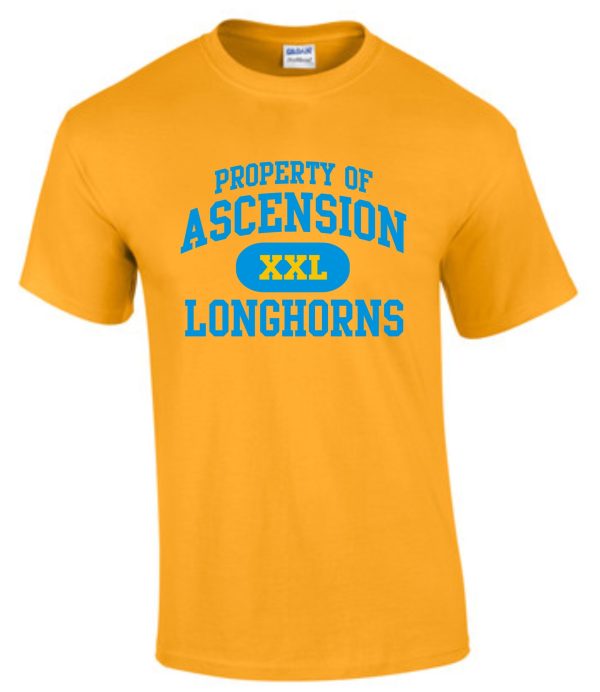 Yellow Ascension Spirit Property of Tshirt with blue text on the chest.