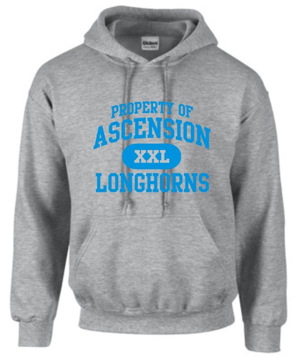 Grey Ascension Spirit Property of hooded sweatshirt with the text "property of ascension xxl longhorns" in blue lettering.