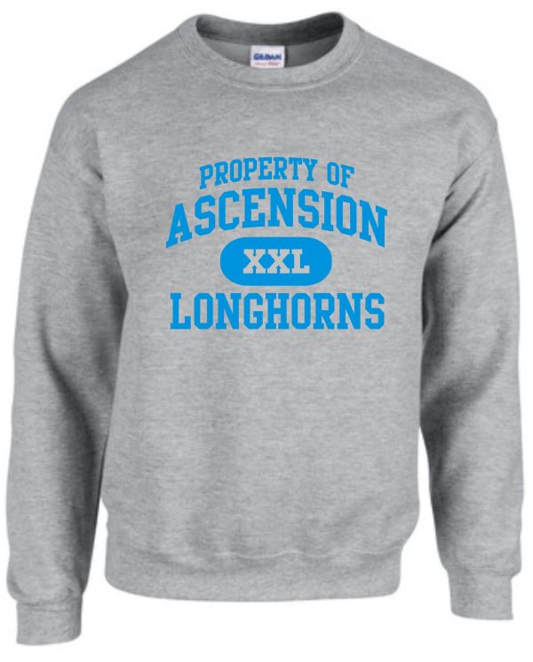 Ascension Spirit Property of Crewneck sweatshirt with blue text "property of ascension longhorns xxl" on the front.