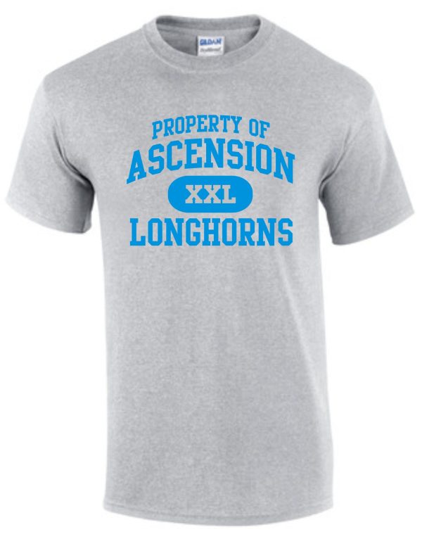 Gray Ascension Spirit Property of Tshirt with "ascension xxl longhorns" text in blue on the front.