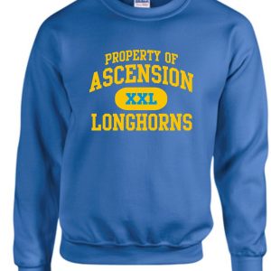 Blue Ascension Spirit Property of Crewneck sweatshirt with yellow text "property of ascension xxl longhorns" printed on the front.