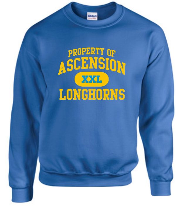 Blue Ascension Spirit Property of Crewneck sweatshirt with yellow text "property of ascension xxl longhorns" printed on the front.