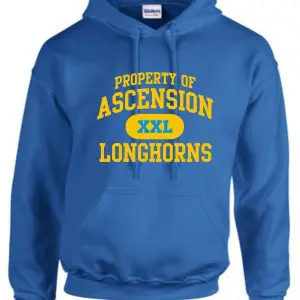 Ascension Spirit Property of hooded sweatshirt with "property of ascension xxl longhorns" text in yellow, displayed on a plain background.
