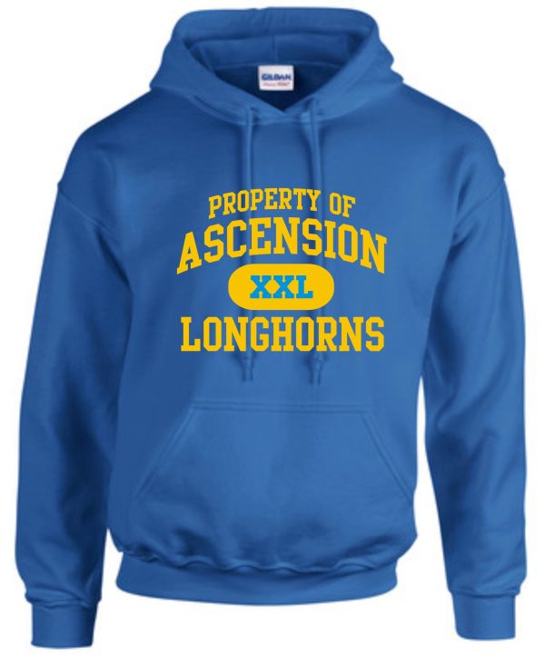 Ascension Spirit Property of hooded sweatshirt with "property of ascension xxl longhorns" text in yellow, displayed on a plain background.