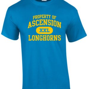 Ascension Spirit Property of Tshirt with the words "property of ascension xxl longhorns" printed in yellow on the front.