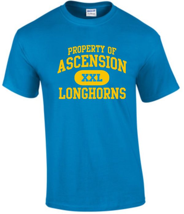 Ascension Spirit Property of Tshirt with the words "property of ascension xxl longhorns" printed in yellow on the front.