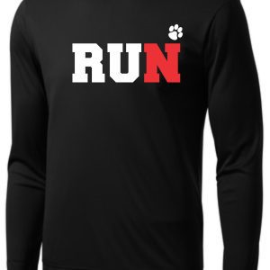 Noe Middle School Long Sleeve Moisture wicking RUN ST350LS with the word "run" in bold white and red letters, and a small white paw print in the top left corner.