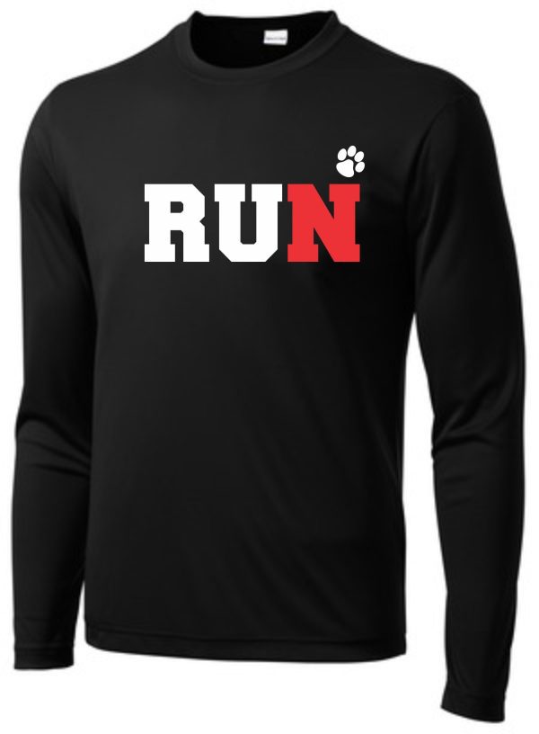 Noe Middle School Long Sleeve Moisture wicking RUN ST350LS with the word "run" in bold white and red letters, and a small white paw print in the top left corner.