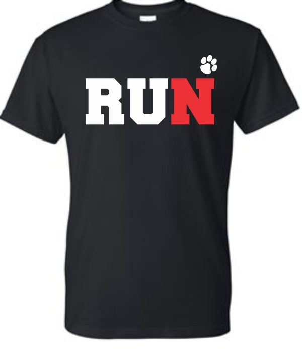 Noe Middle School Short Sleeve Moisture wicking RUN ST350 with the word "run" in large white and red letters, featuring a white paw print on the 'n'.