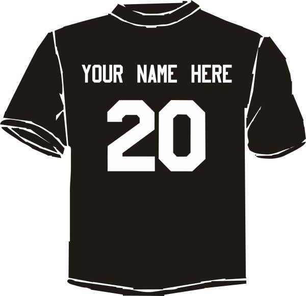 Meyzeek Baseball Black Cationic Moisture wicking T shirt ST 350 with white custom text "your name here" and the number 20 on the back in a bold font.