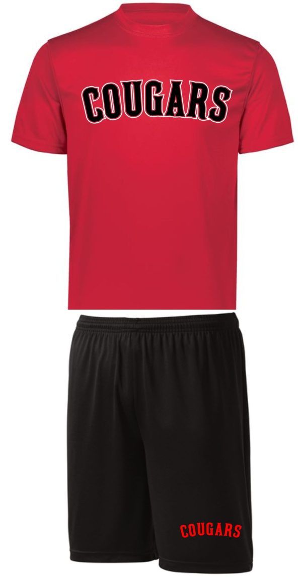 Red and black Cougars t-shirt and shorts.