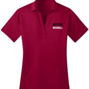 A Meyzeek Baseball Ladies Red Moisture wicking polo L540 with "meyzeek baseball" printed in white letters on the left chest area.