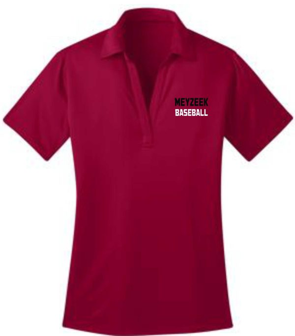 A Meyzeek Baseball Ladies Red Moisture wicking polo L540 with "meyzeek baseball" printed in white letters on the left chest area.