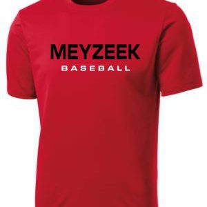 Meyzeek Baseball Red Cationic Moisture wicking T shirt ST 350 with "meyzeek baseball" printed in bold, black letters across the chest.