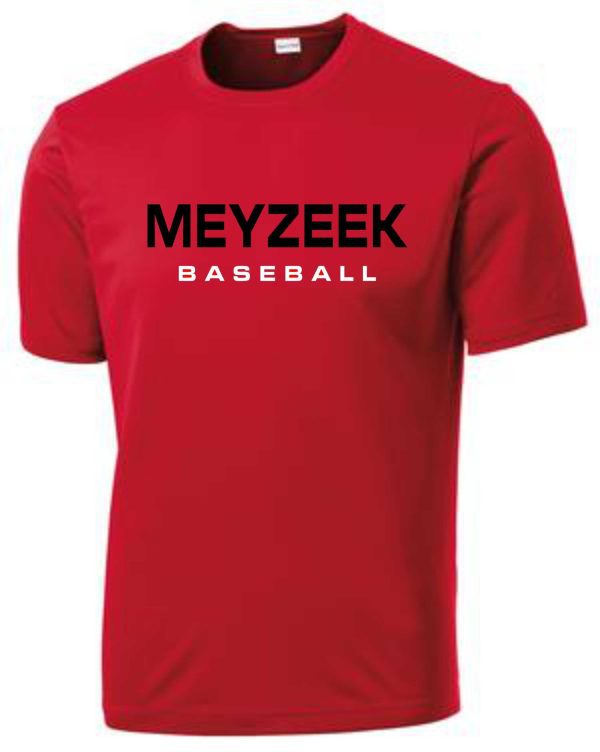 Meyzeek Baseball Red Cationic Moisture wicking T shirt ST 350 with "meyzeek baseball" printed in bold, black letters across the chest.