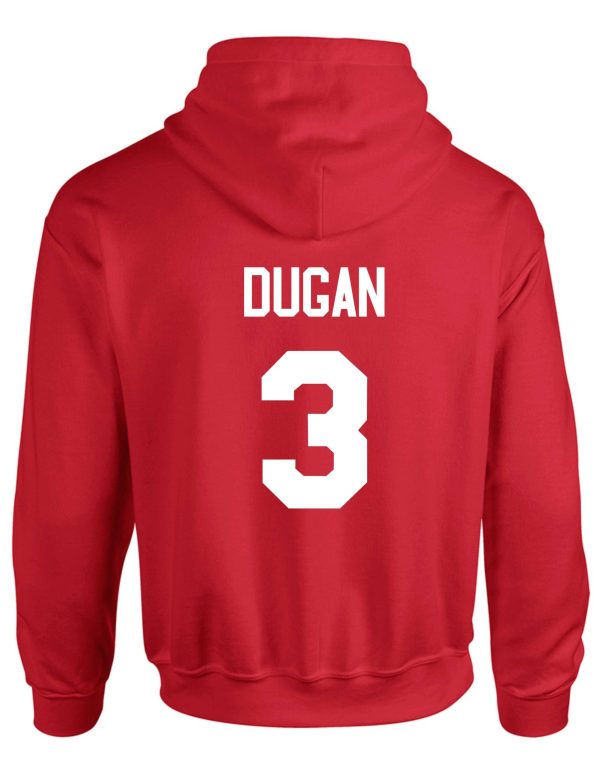 Red hoodie with Dugan and number 3.