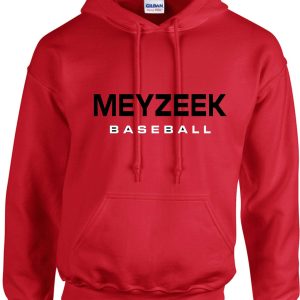 Meyzeek Baseball Red Hooded sweatshirt 50/50 blend G18500 with the words "meyzeek baseball" printed in white across the chest.