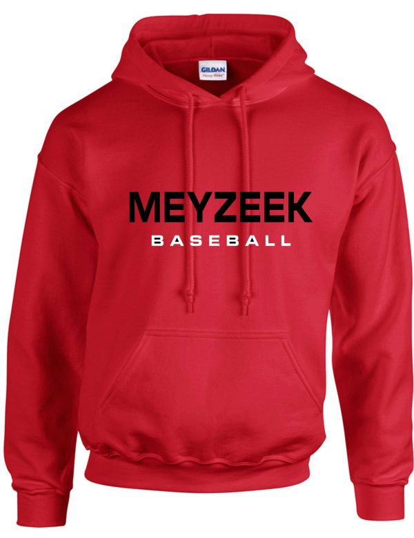 Meyzeek Baseball Red Hooded sweatshirt 50/50 blend G18500 with the words "meyzeek baseball" printed in white across the chest.