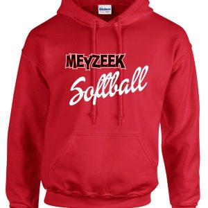 Meyzeek Softball Red Hooded sweatshirt 50/50 blend G18500 with the words "meyzeek softball" printed in white cursive and block lettering on the chest.