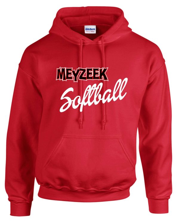 Meyzeek Softball Red Hooded sweatshirt 50/50 blend G18500 with the words "meyzeek softball" printed in white cursive and block lettering on the chest.