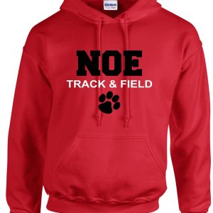 Red Noe Middle School Track Hoodie G185 with "noe track & field" printed in black text along with a paw print logo on the front.