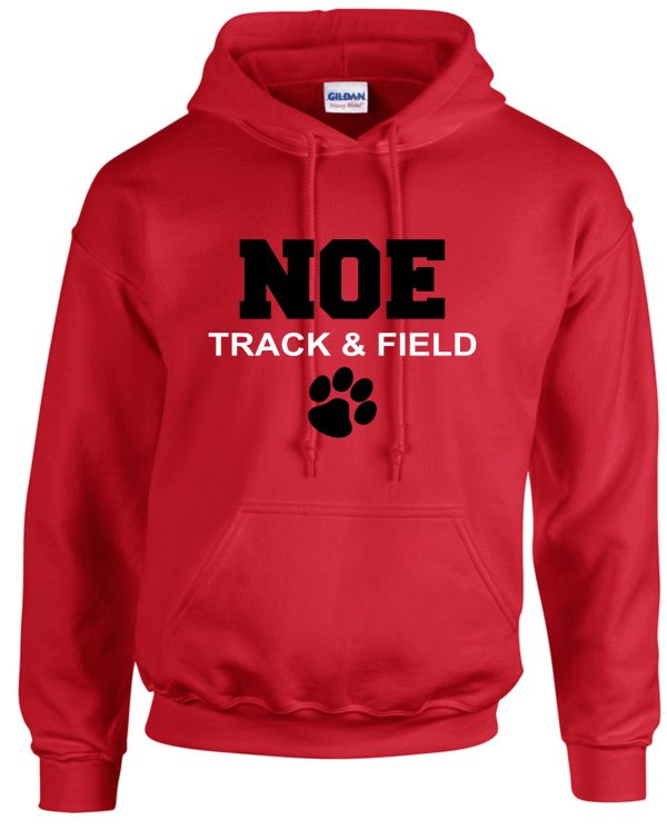 Red Noe Middle School Track Hoodie G185 with "noe track & field" printed in black text along with a paw print logo on the front.