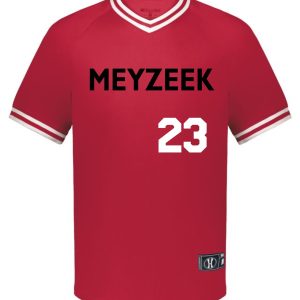 Meyzeek Baseball Holloway Varsity red jersey with white trim, featuring the word "meyzeek" and the number "23" on the front.