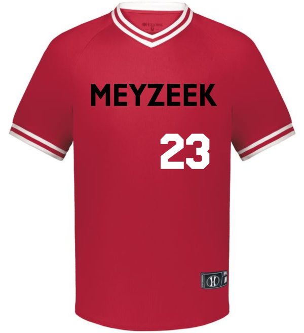 Meyzeek Baseball Holloway Varsity red jersey with white trim, featuring the word "meyzeek" and the number "23" on the front.