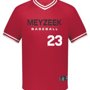 Red Meyzeek Baseball Holloway 221220 V Neck jersey with white "meyzeek baseball" text and the number 23 on the front.