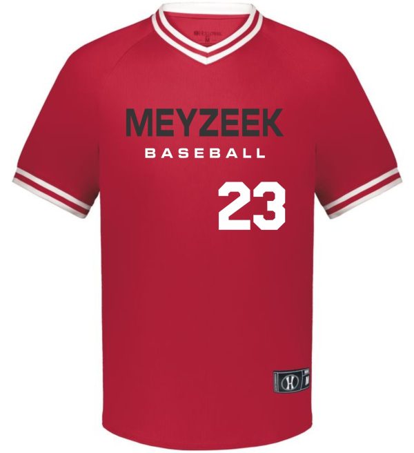 Red Meyzeek Baseball Holloway 221220 V Neck jersey with white "meyzeek baseball" text and the number 23 on the front.