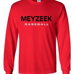 Meyzeek Baseball Red Long sleeve T-shirt cotton G2400 with "meyzeek baseball" printed in black across the chest.