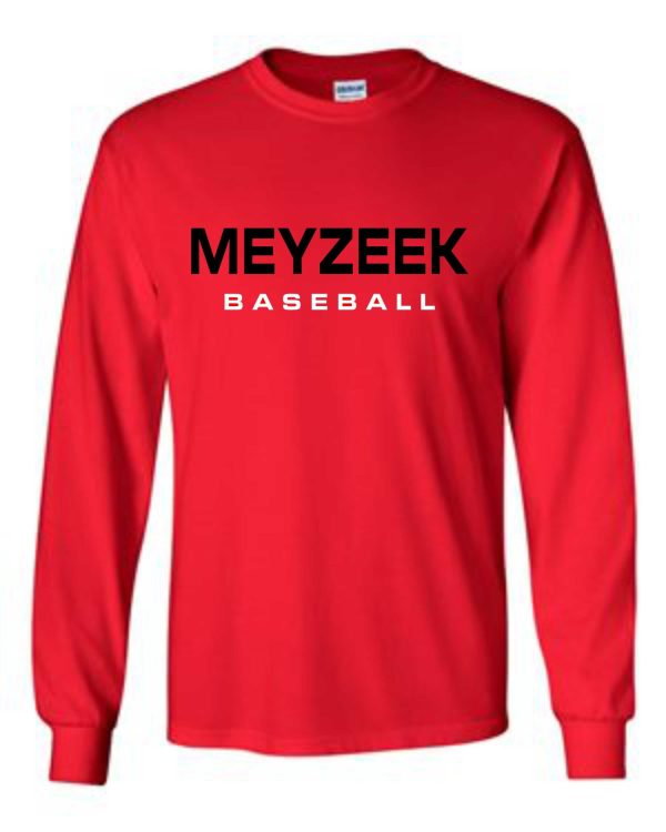 Meyzeek Baseball Red Long sleeve T-shirt cotton G2400 with "meyzeek baseball" printed in black across the chest.