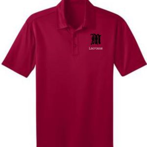 Red lacrosse polo with black M logo.